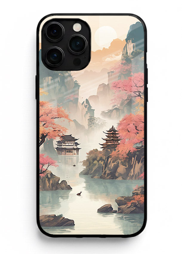 Pastel Mountain Pagoda pastel pagoda artwork iphone 16 pro max glass back cover