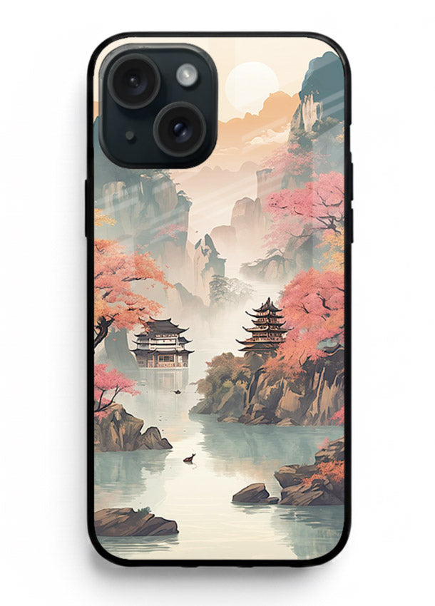 Pastel Mountain Pagoda pastel pagoda artwork iphone 15 glass back cover