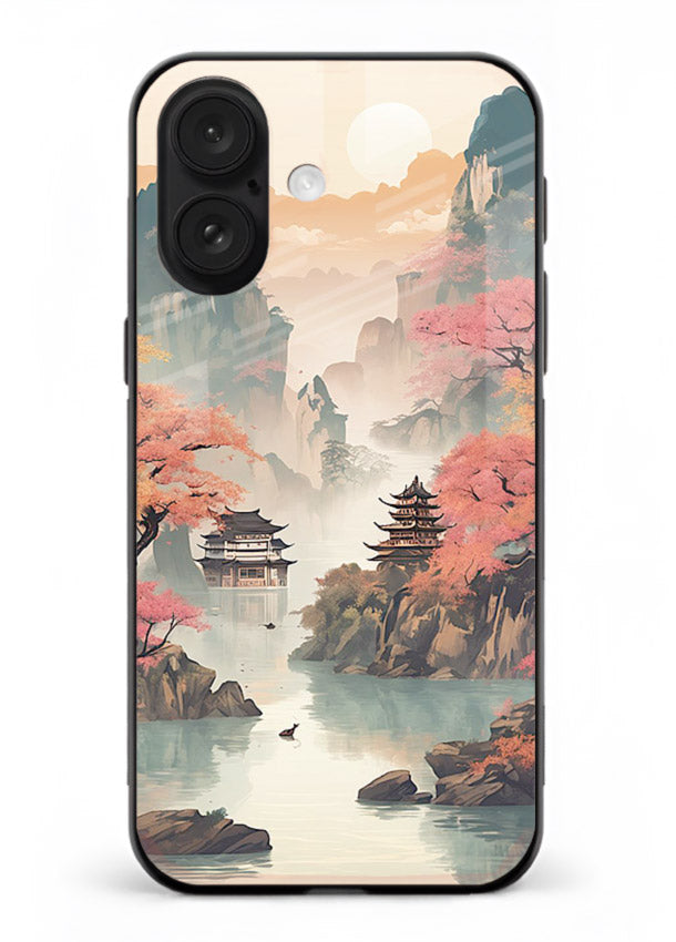 Pastel Mountain Pagoda pastel pagoda artwork iphone 18 glass back cover