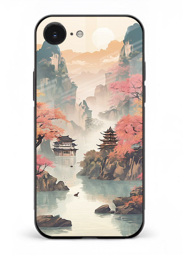 Pastel Mountain Pagoda pastel pagoda artwork iphone 16e glass back cover