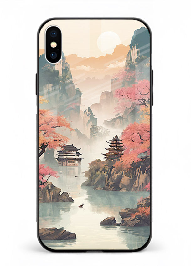 Pastel Mountain Pagoda pastel pagoda artwork iphone xs max glass back cover
