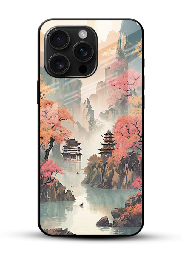 Pastel Mountain Pagoda pastel pagoda artwork glossy vibrant premium glass back cover - Angle Front