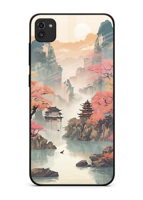 Pastel Mountain Pagoda pastel pagoda artwork Samsung A03 glass back cover