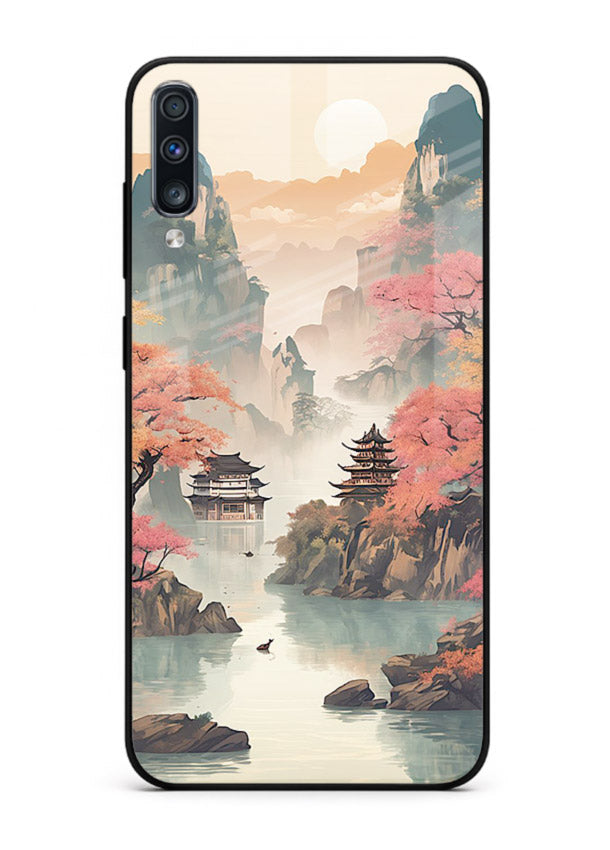 Pastel Mountain Pagoda pastel pagoda artwork Samsung A50 glass back cover