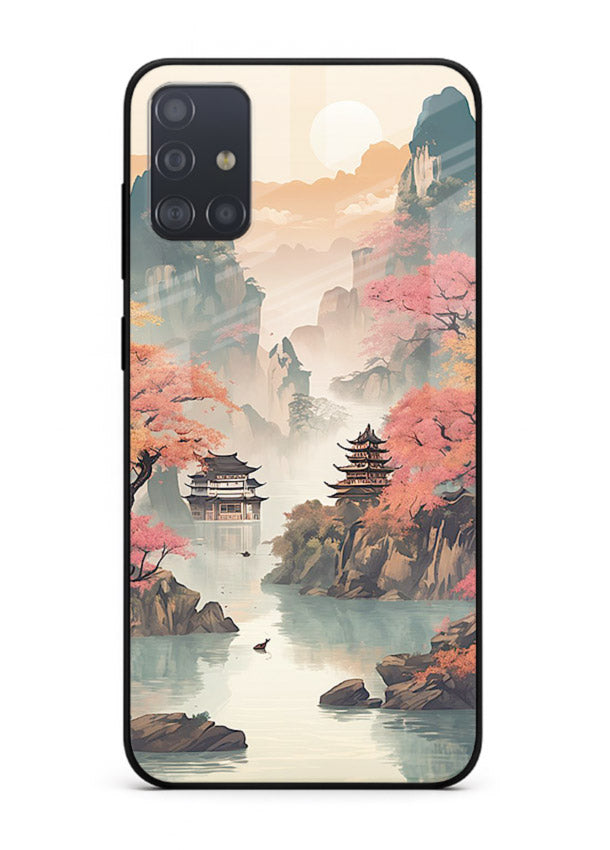 Pastel Mountain Pagoda pastel pagoda artwork Samsung A51 glass back cover