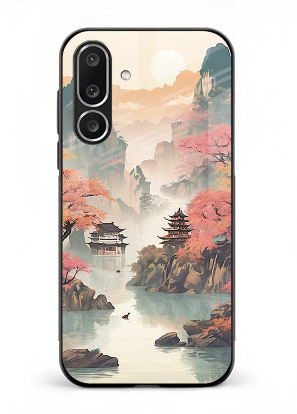Pastel Mountain Pagoda pastel pagoda artwork Samsung M56 5G glass back cover