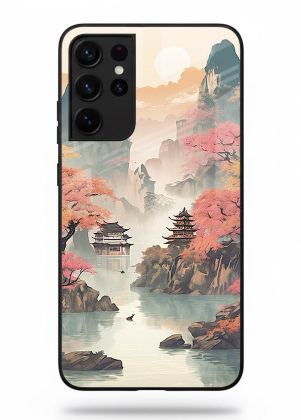 Pastel Mountain Pagoda pastel pagoda artwork Samsung S21 Ultra glass back cover