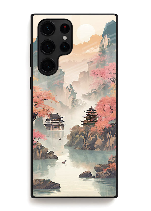 Pastel Mountain Pagoda pastel pagoda artwork Samsung S23 Ultra glass back cover