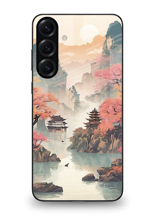 Pastel Mountain Pagoda pastel pagoda artwork Samsung M35 5G glass back cover