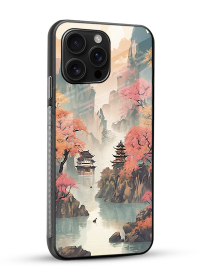 Pastel Mountain Pagoda pastel pagoda artwork glossy vibrant premium glass back cover - Angle Side