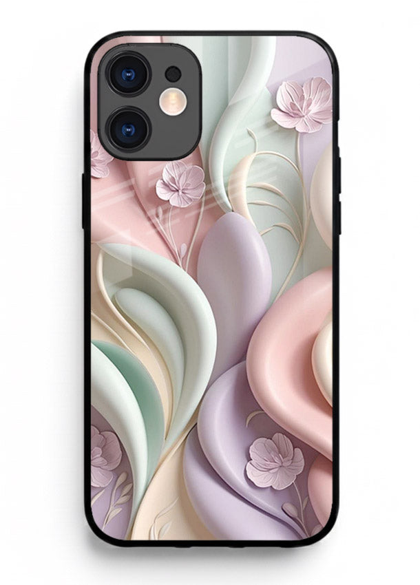 Pastel swirl floral artwork on iphone 12 mini glass back cover with blended pastel petals.