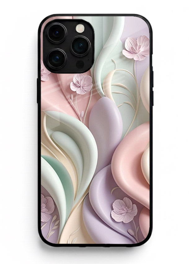 Pastel swirl floral artwork on iphone 16 pro max glass back cover with blended pastel petals.