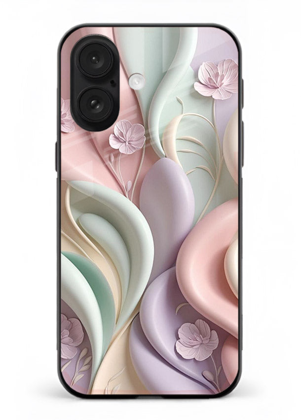Pastel swirl floral artwork on iphone 18 glass back cover with blended pastel petals.