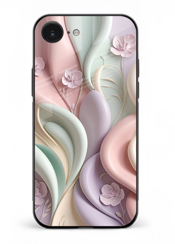 Pastel swirl floral artwork on iphone 16e glass back cover with blended pastel petals.
