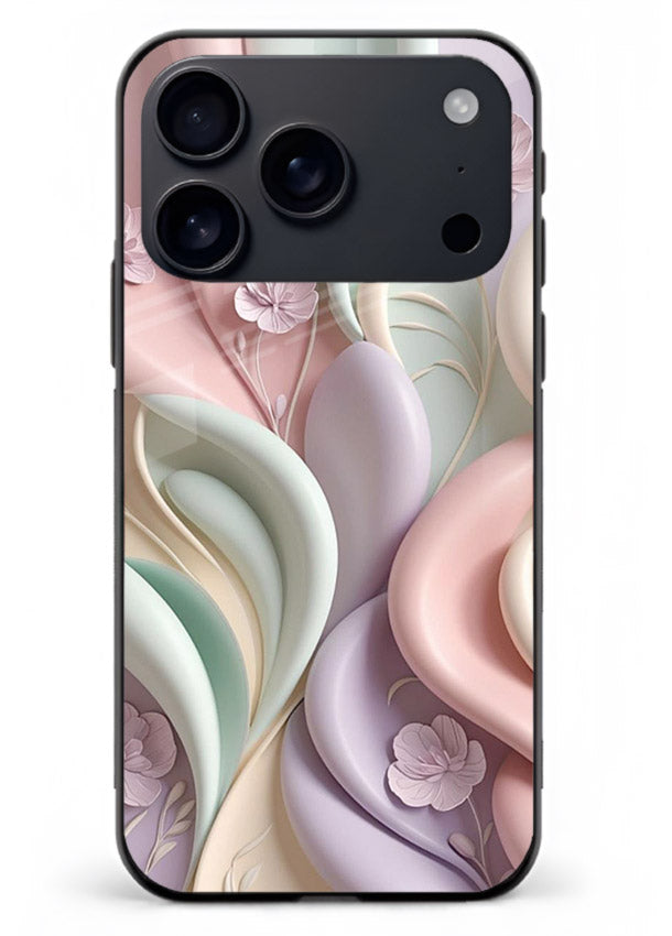 Pastel swirl floral artwork on iphone 17 pro max glass back cover with blended pastel petals.
