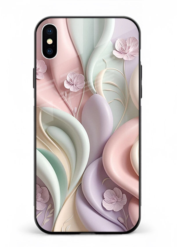 Pastel swirl floral artwork on iphone xs max glass back cover with blended pastel petals.