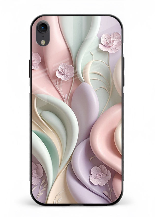 Pastel swirl floral artwork on iphone xr glass back cover with blended pastel petals.