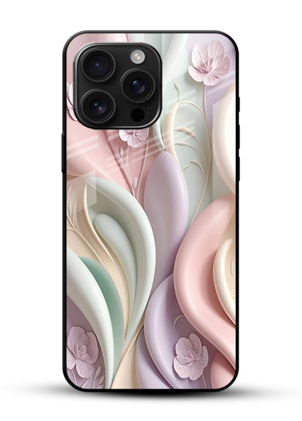 Pastel swirl floral artwork on glossy vibrant premium glass back cover with blended pastel petals. - Angle Front