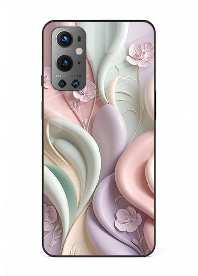 Pastel swirl floral artwork on OnePlus 9 glass back cover with blended pastel petals.