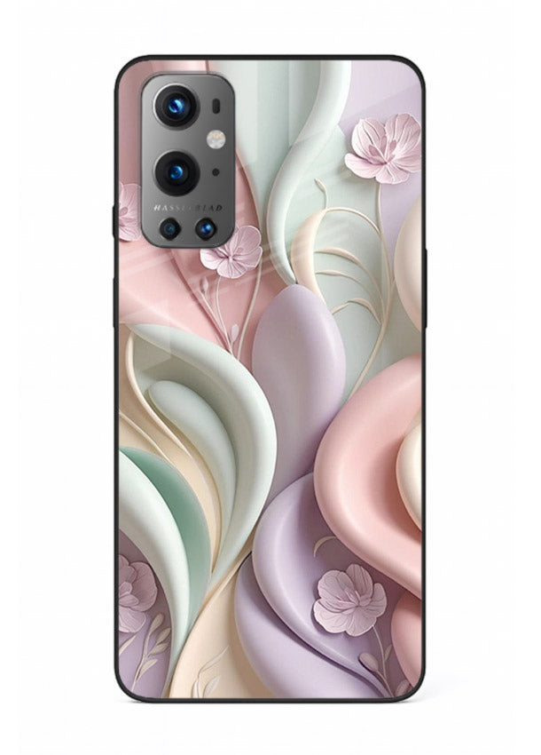 Pastel swirl floral artwork on OnePlus 9 glass back cover with blended pastel petals.