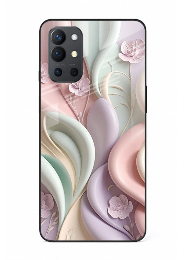 Pastel swirl floral artwork on OnePlus 9R glass back cover with blended pastel petals.
