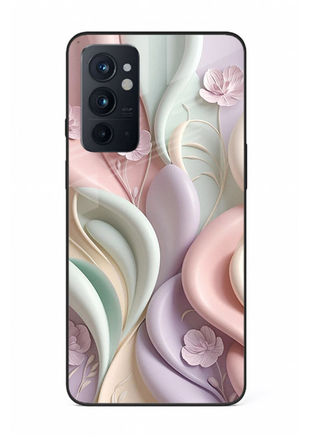 Pastel swirl floral artwork on OnePlus 9RT glass back cover with blended pastel petals.