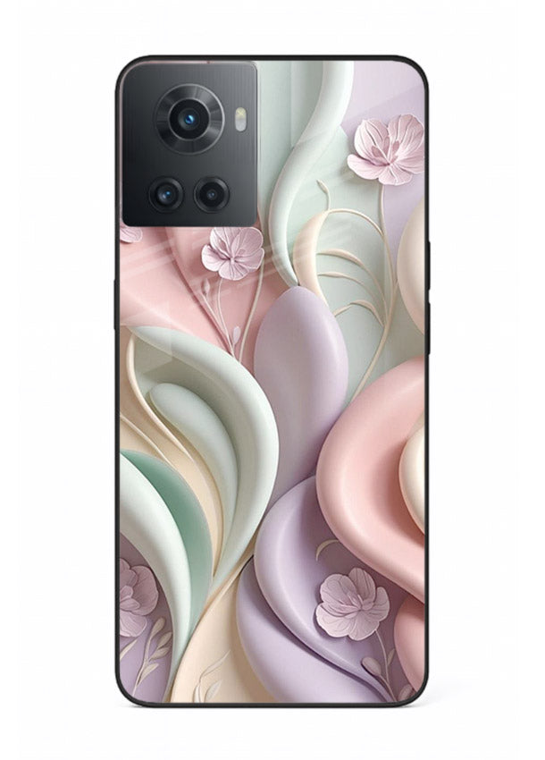 Pastel swirl floral artwork on OnePlus 10R glass back cover with blended pastel petals.