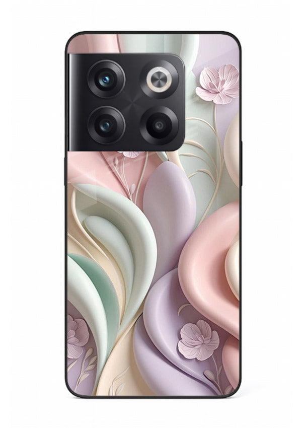 Pastel swirl floral artwork on OnePlus 10T glass back cover with blended pastel petals.