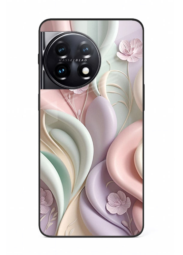 Pastel swirl floral artwork on OnePlus 11 glass back cover with blended pastel petals.