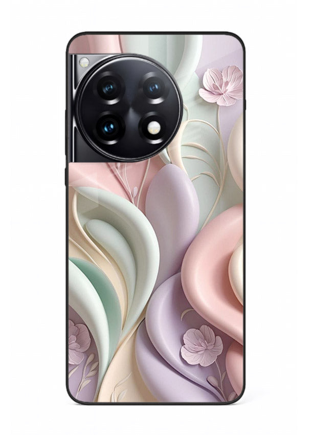 Pastel swirl floral artwork on OnePlus 12R glass back cover with blended pastel petals.