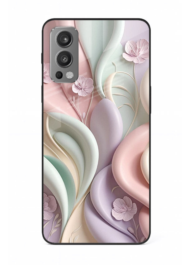Pastel swirl floral artwork on OnePlus Nord 2 glass back cover with blended pastel petals.