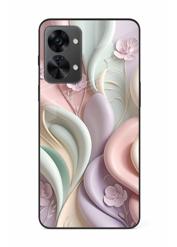 Pastel swirl floral artwork on OnePlus Nord 2T glass back cover with blended pastel petals.