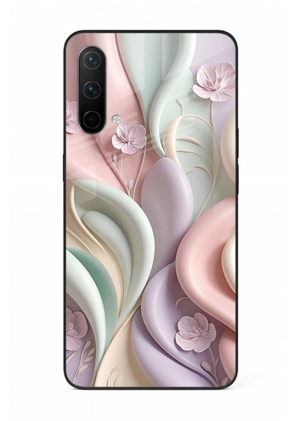 Pastel swirl floral artwork on OnePlus Nord CE 5G glass back cover with blended pastel petals.