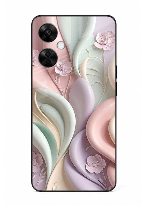 Pastel swirl floral artwork on OnePlus Nord CE3 Lite glass back cover with blended pastel petals.