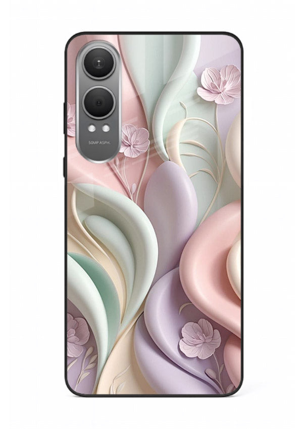 Pastel swirl floral artwork on OnePlus Nord CE4 Lite glass back cover with blended pastel petals.