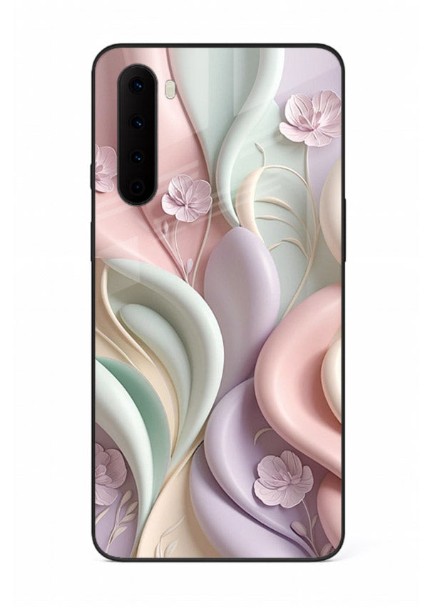 Pastel swirl floral artwork on OnePlus Nord glass back cover with blended pastel petals.