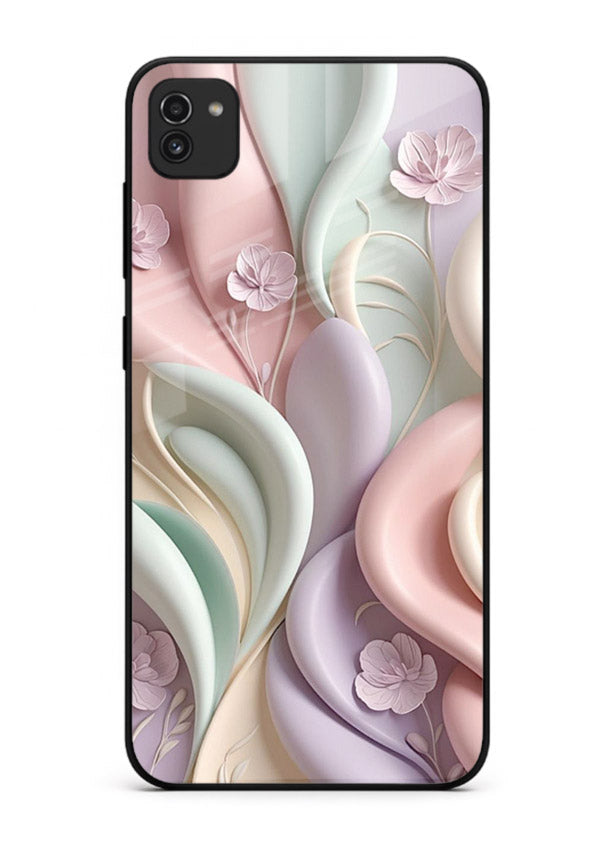 Pastel swirl floral artwork on Samsung A03 glass back cover with blended pastel petals.