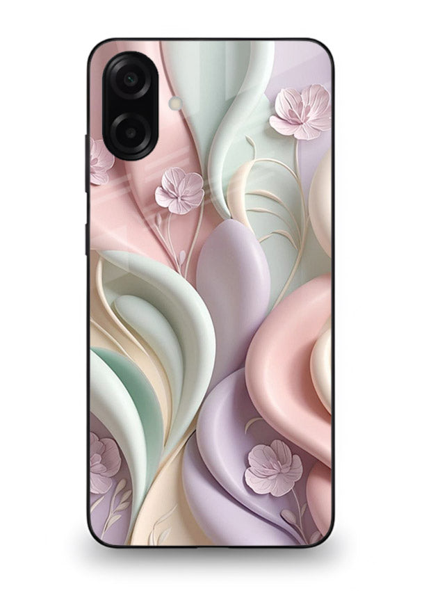 Pastel swirl floral artwork on Samsung A07 4G glass back cover with blended pastel petals.