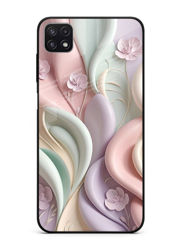 Pastel swirl floral artwork on Samsung F42 5G glass back cover with blended pastel petals.