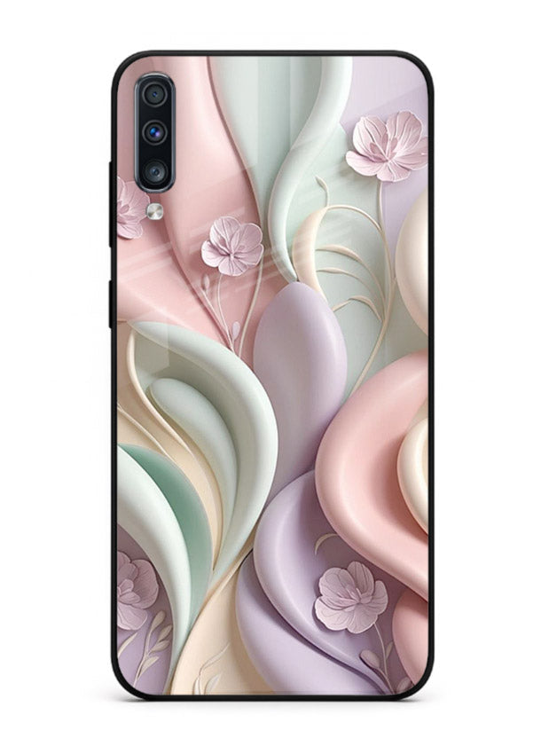 Pastel swirl floral artwork on Samsung A50 glass back cover with blended pastel petals.