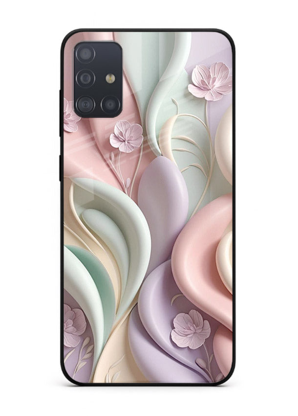 Pastel swirl floral artwork on Samsung A71 glass back cover with blended pastel petals.