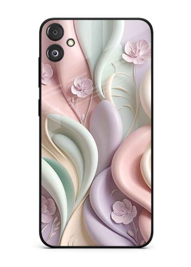 Pastel swirl floral artwork on Samsung F14 5G glass back cover with blended pastel petals.