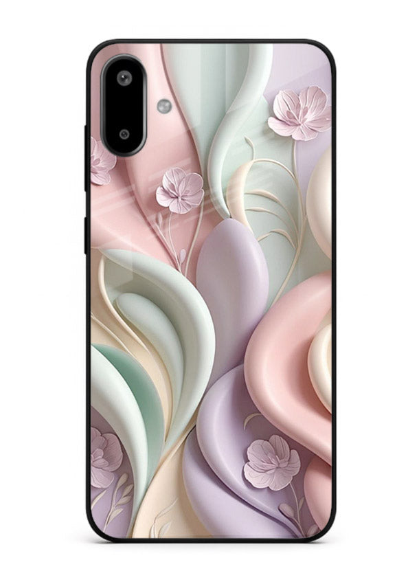 Pastel swirl floral artwork on Samsung F06 5G glass back cover with blended pastel petals.