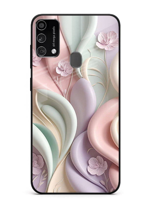 Pastel swirl floral artwork on Samsung F41 glass back cover with blended pastel petals.
