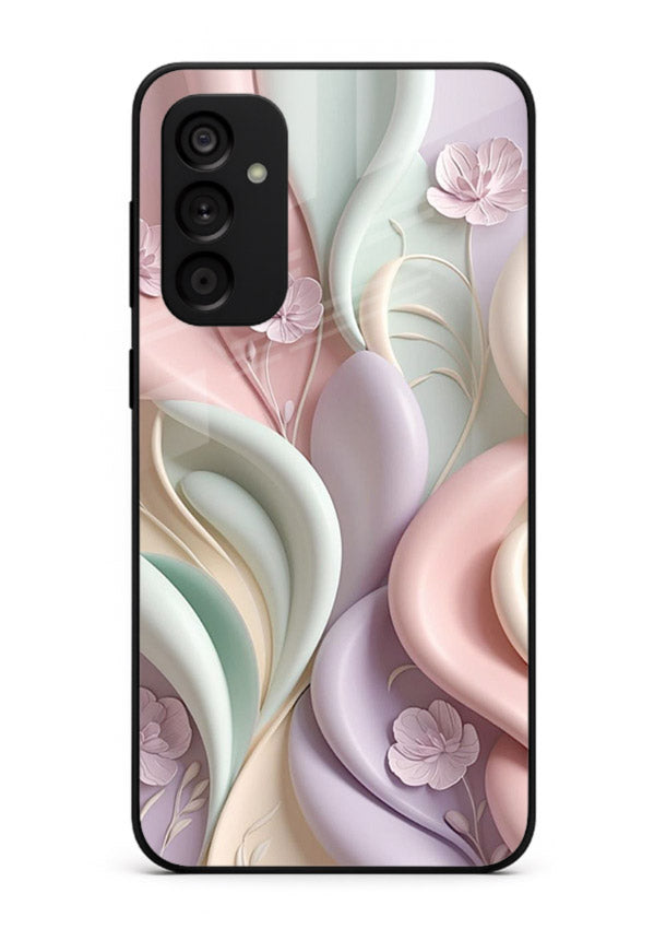 Pastel swirl floral artwork on Samsung F23 5G glass back cover with blended pastel petals.