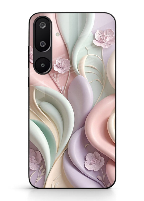 Pastel swirl floral artwork on Samsung M16 5G glass back cover with blended pastel petals.