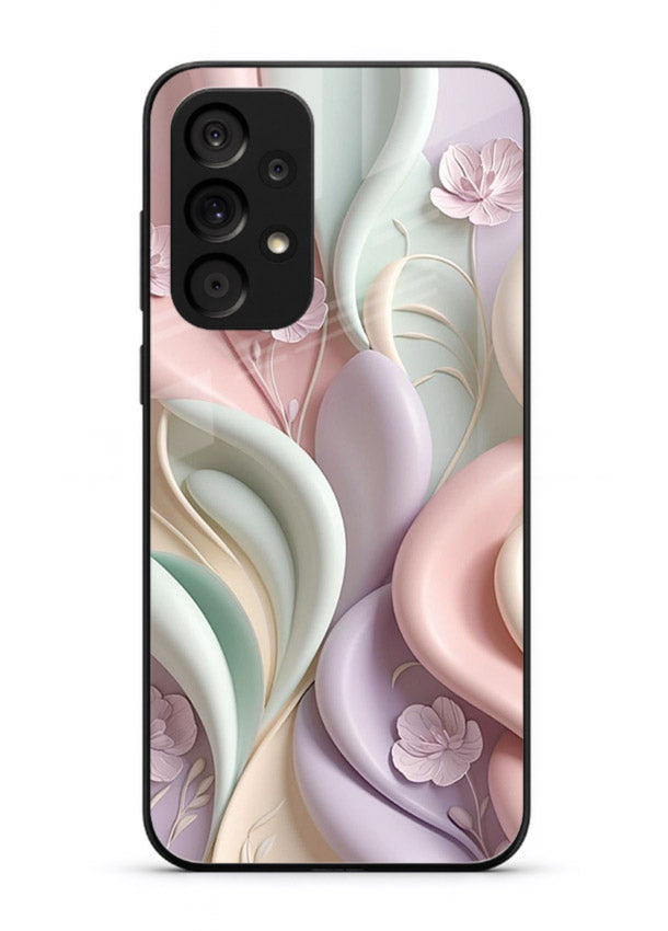 Pastel swirl floral artwork on Samsung A33 5G glass back cover with blended pastel petals.