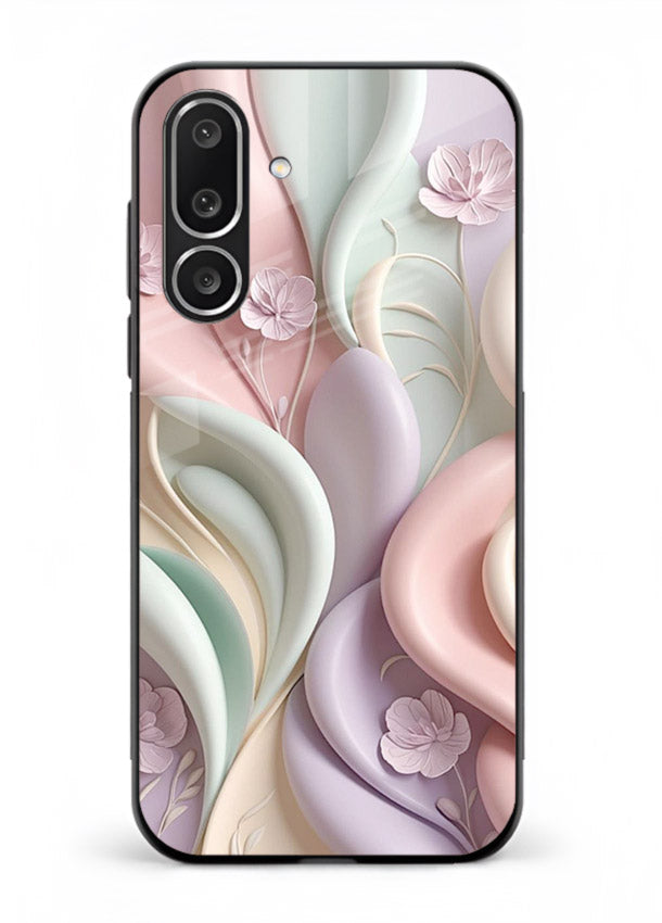Pastel swirl floral artwork on Samsung F56 5G glass back cover with blended pastel petals.