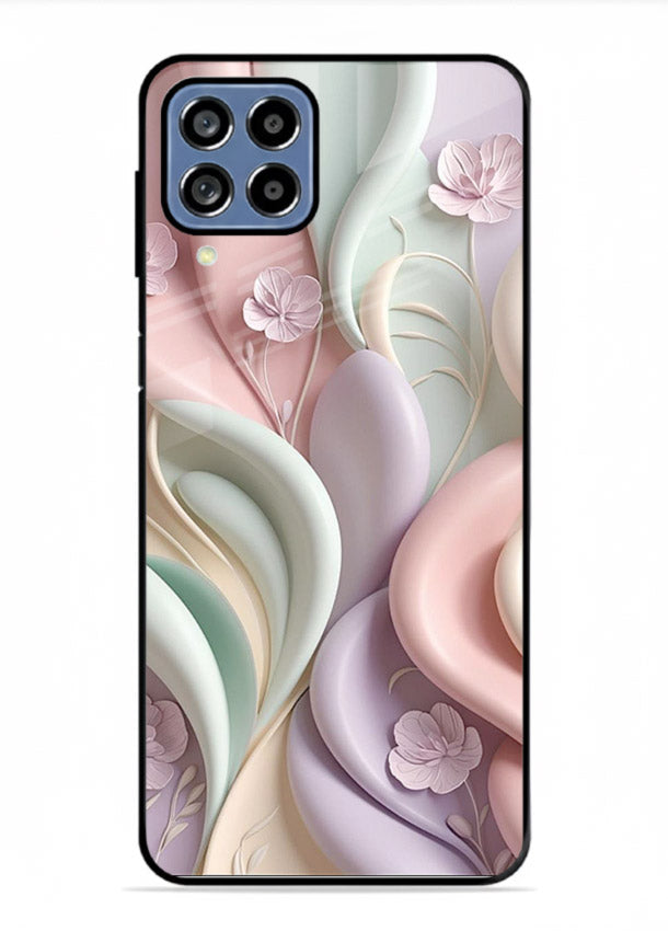 Pastel swirl floral artwork on Samsung M33 5G glass back cover with blended pastel petals.