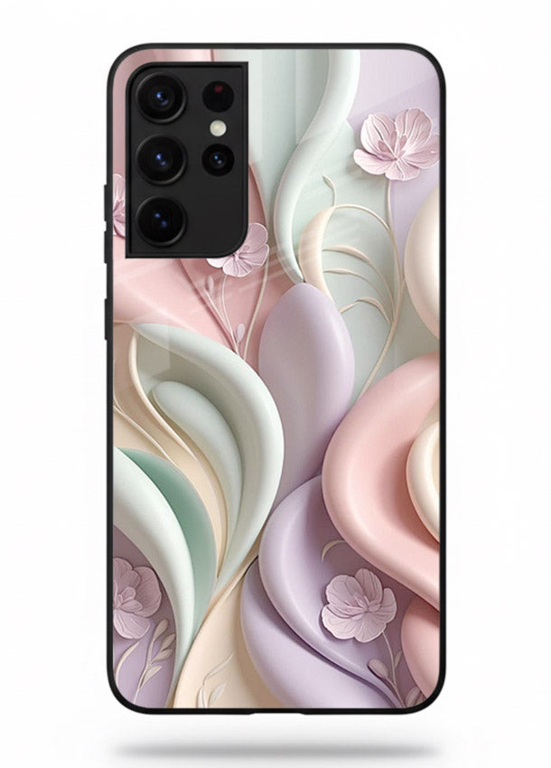 Pastel swirl floral artwork on Samsung S21 Ultra glass back cover with blended pastel petals.